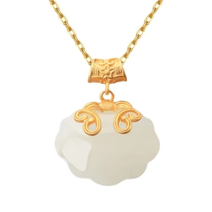 和田羊脂白玉吊坠女古风饰品纯银故宫长命锁汉服锁骨项链女新中式