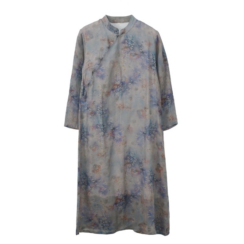 改良旗袍裙苎麻连衣裙斜襟茶服