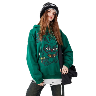 a02美拉德风潮酷加绒卫衣2025冬季宽松百搭印花加厚保暖连帽卫衣