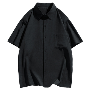 衬衫男士夏季冰丝短袖垂感高级感宽松休闲黑色衬衣男纯色抗皱寸衫