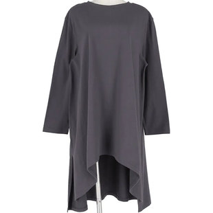 出口日本外贸春秋女装纯棉立体剪裁宽松随意侧开杈圆领T恤中长款