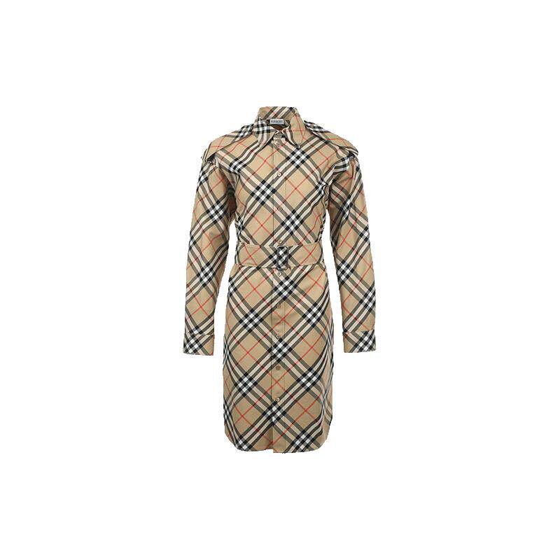 【自营】BURBERRY/博柏利格纹收腰长袖衬衫式连衣裙短裙通勤休闲