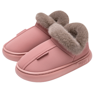 防水皮棉拖鞋女款冬季2025新款室内家居包跟保暖厚底防滑毛绒棉鞋