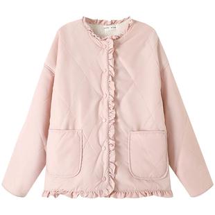 慕兔甜美粉色木耳边棉衣棉服女2025冬季新款加绒加厚宽松显瘦外套
