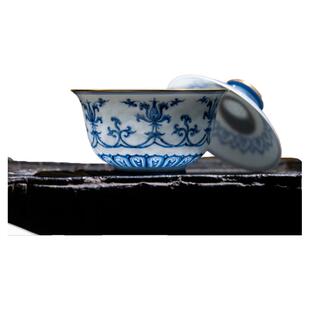 小雅家丨清本源薄胎内膜印青花甜白天蓝釉中式盖碗杯 景德镇茶具