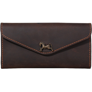 疯马皮新款男女信封钱包牛皮手机包长款纯牛皮复古钱夹简约手拿包