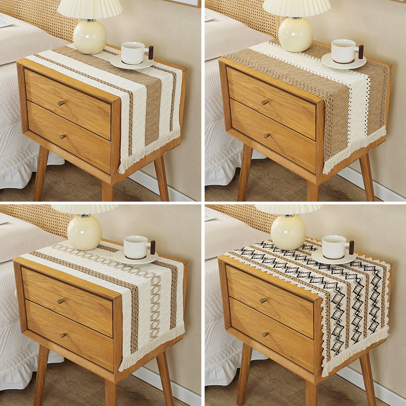 北欧简约轻奢简约棉麻桌旗拼色流苏长桌布简约风节日茶台桌旗装饰
