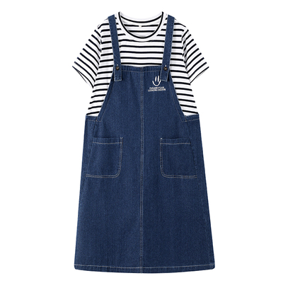 休闲连衣裙纯棉假两件拼接牛仔