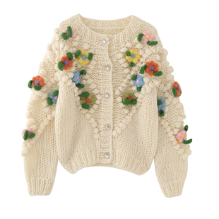 MMC 法式重工全手工立体装饰手钩花朵球球圆领针织开衫外套上衣女