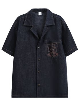 夏季古巴领牛仔图腾刺绣短袖衬衫