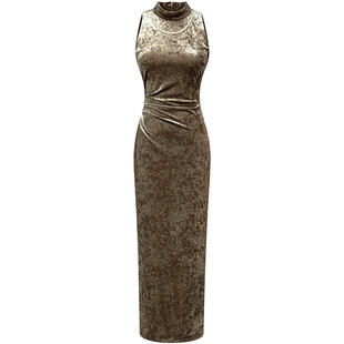 新中式复古改良版旗袍女冬季新款削肩露肩立领修身内搭丝绒连衣裙