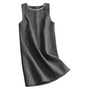 轻奢亮片撞色圆领小香风无袖直筒毛呢背心裙遮肉显瘦女连衣裙Q726