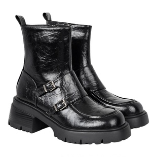 fed复古真皮粗跟厚底皮带扣马丁靴女秋冬新款侧拉链中跟圆头短靴