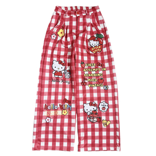 饭粒家复古格子休闲裤宽松慵懒风阔腿直筒拖地裤美式女垂坠感裤子