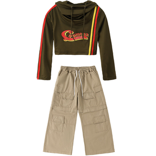 爵士舞服女童洋气连帽露脐长袖jazz舞蹈练功服女孩韩舞Kpop演出服