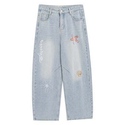 2026春夏新款设计感独特漂亮刺绣牛仔裤大码女装胖mm显瘦阔腿裤子