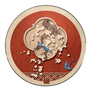 喜上眉梢花鸟玄关装饰画红色喜庆圆形背景墙挂画寓意好新中式挂画