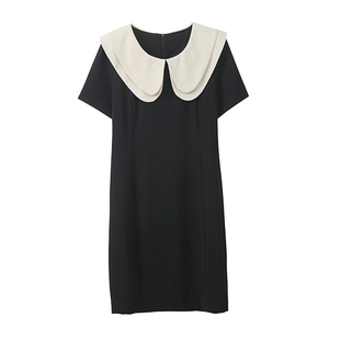 大码女装赫本风撞色娃娃领黑色连衣裙女夏新款胖mm长短款显瘦裙子