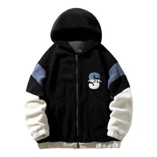 胖胖哥拼接羊羔毛棉服男款冬季大码宽松飒帅加绒加厚保暖棉衣外套