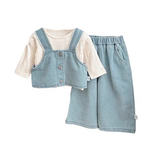 韩系女童春秋装牛仔套装女宝宝吊带牛仔裤长袖T恤三件套婴儿衣服