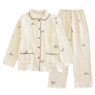 婴儿棉双层泡泡纱布女款长袖睡衣套装春秋夏季蕾丝花边米色蝴蝶结