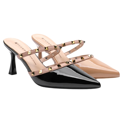 月芽儿新款法式铆钉气质包头半拖鞋女鞋子外穿尖头高跟鞋凉拖