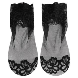 橙乙蕾丝短袜子女纯棉底纯色花边短筒袜网纱薄款黑色中筒袜春夏季