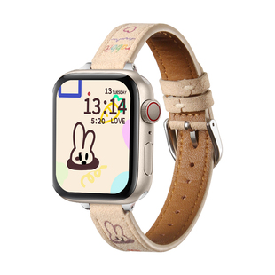 适用applewatchs10手表带可爱顽皮兔iwatchs10苹果手表女式s9s8s7s6手表链小众iwatchse2高级感真皮女款秋冬