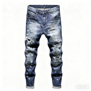 乞丐破洞牛仔裤男款潮牌蓝色泼墨秋冬修身补丁长裤子九分裤男2026