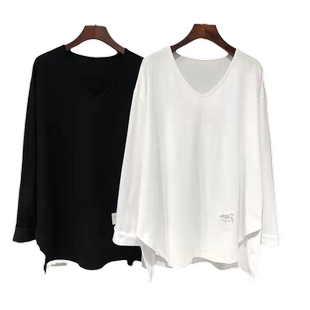不规则白色长袖t恤女早秋宽松大码中长款纯棉V领打底衫上衣内搭潮
