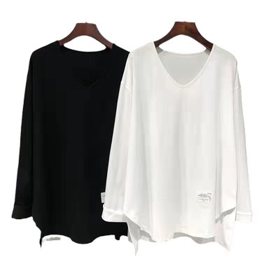 不规则白色长袖t恤女早秋宽松大码中长款纯棉V领打底衫上衣内搭潮
