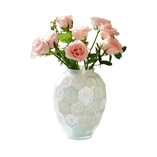 法式浮雕珍珠白玻璃花瓶大号水养玫瑰插花摆件餐客厅软装饰高级感