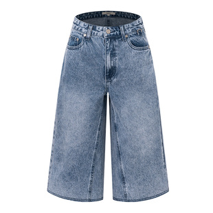 RAIVE2026春季新款女裤子阔腿七分裤复古口袋斜切线短裤牛仔裤