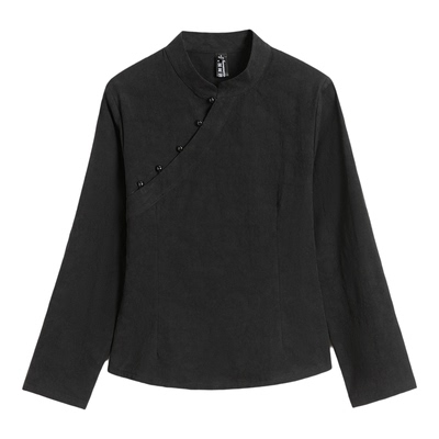 2026春款复古文艺中国风棉布黑色提花上衣女修身显瘦立领茶服衬衫