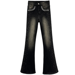 ins烫钻牛仔裤女潮2026年春季新款高腰修身显瘦百搭镶钻微喇长裤