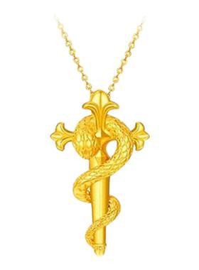 权杖灵蛇项链女纯银镀黄金色本命缠绕十字架蛇年锁骨链新中式国风