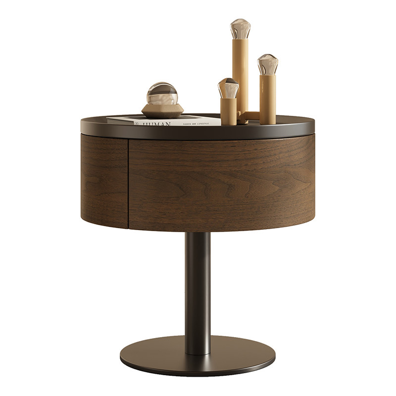 新款床头柜意式极简创意圆形实木收纳柜卧室家用轻奢原木风床边柜