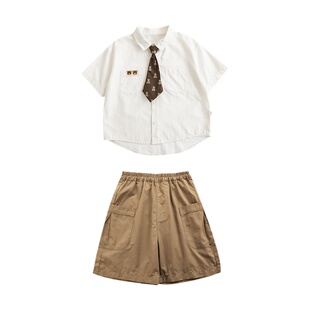 幼悠夏季男童小熊印花可拆领带帅气白衬衫儿童大口袋工装裤两件套