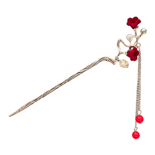 高端红色2025新款中式古风发簪汉服盘发簪子玫瑰花朵流苏发钗发饰