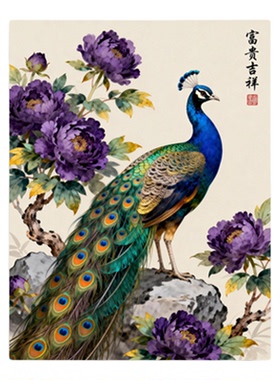 中式孔雀牡丹装饰画客厅办公室茶室贴纸玄关墙画富无框画芯油画布