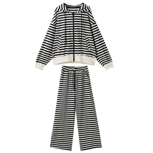 女大童休闲条纹套装2025春装新款青少年连帽卫衣开衫直筒裤两件套