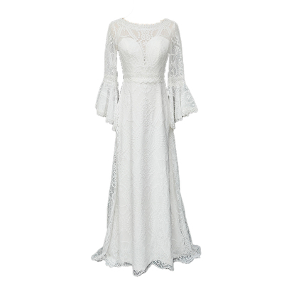复古风蕾丝喇叭袖户外草坪轻婚纱