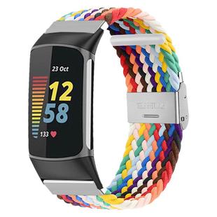 【新款】适用Fitbit charge6智能5手环弹力尼龙编织表带charge3/4智能运动手环替换腕带可调节彩虹创意手表链