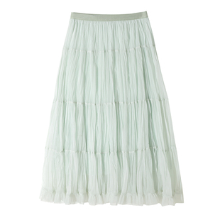 大于诗集 未完之约纯色中长款细褶雪纺半身裙女法式松紧腰a字长裙