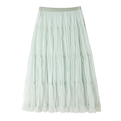 大于诗集 未完之约纯色中长款细褶雪纺半身裙女法式松紧腰a字长裙