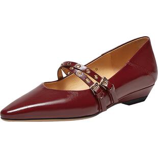 百思图2025秋季新款玛丽珍鞋法式尖头低跟红色浅口女单鞋A3191CQ5