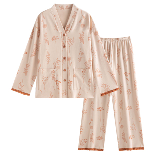 睡衣女春秋季2025新款纯棉长袖长裤开衫无领大码家居服带胸垫套装