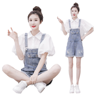 夏季初中高中学生牛仔背带短裤少女两件套装衬衫穿搭小个子连体裤