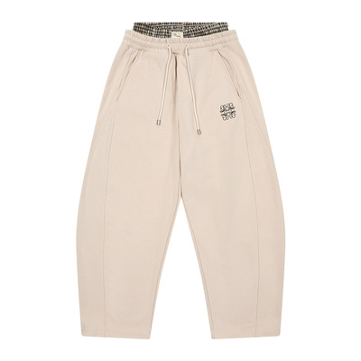 格纹双腰头弯刀休闲卫裤