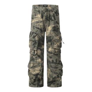 BTSG美式复古迷彩蔓延晕染迷彩立体多口袋工装裤vibe风阔腿长裤男